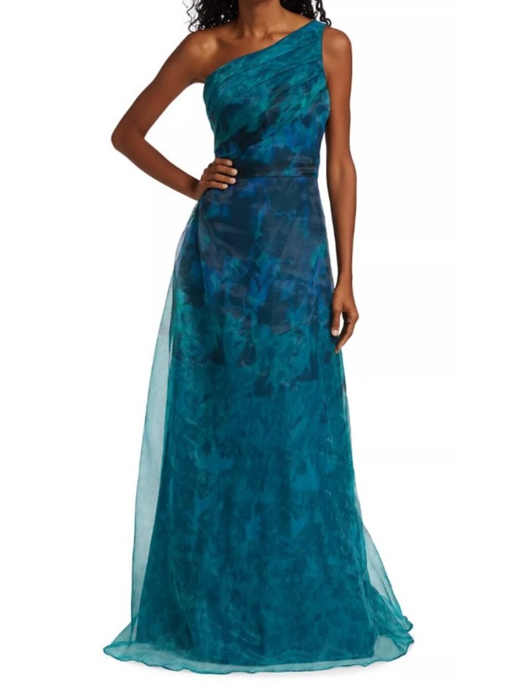Rene Ruiz Collection Green Blue One Strap Draped Organza Gown NWT $1,795, Sz 18